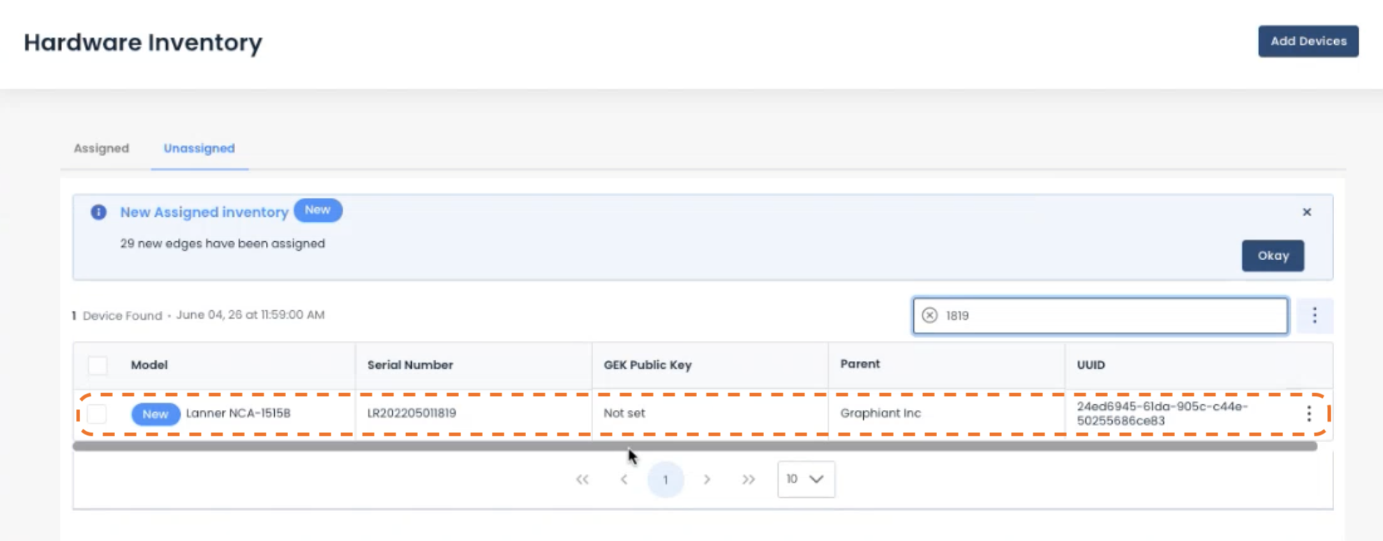 Inventory management interface displaying new device details and assigned status.